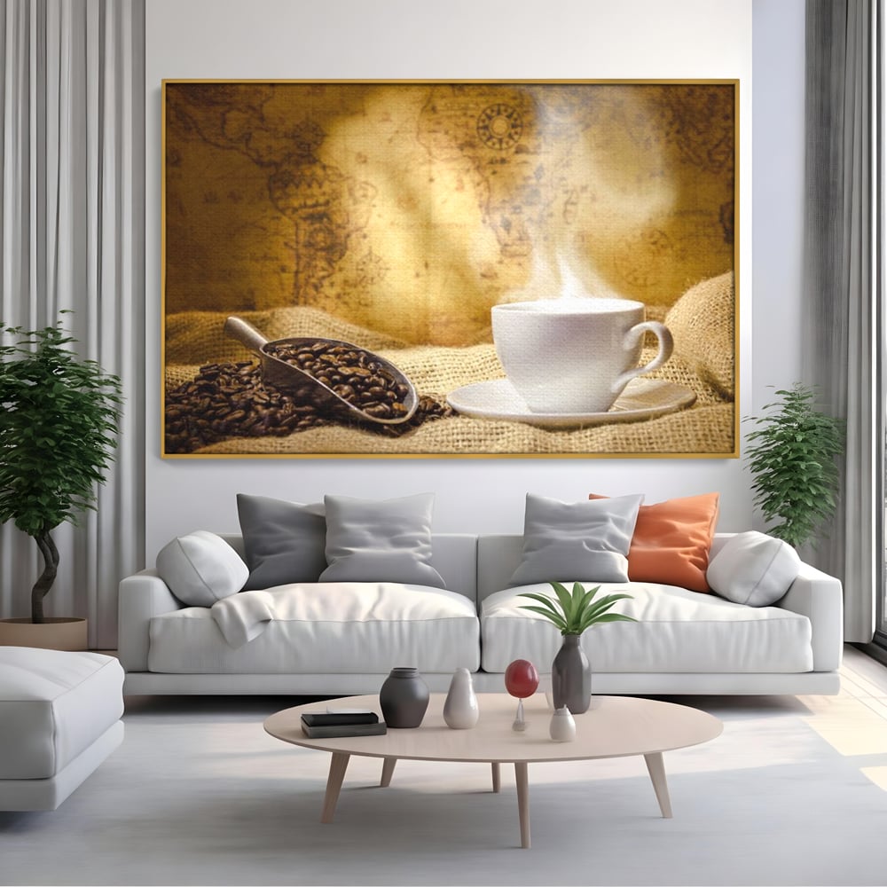 Tablou canvas cu ceasca de cafea cu boabe pe sac de iuta, in rama de aluminiu auriu, pe perete intr-un living